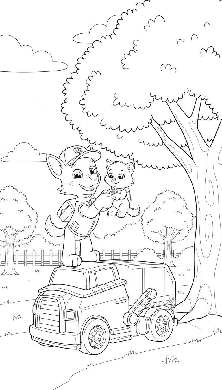 Zwart-wit Paw Patrol kleurplaat van Rocky, de grijze hond, die een glimlachend katje vasthoudt op de cabine van zijn recyclingvrachtwagen, met een landschap van bomen, een houten hek en wolken op de achtergrond.