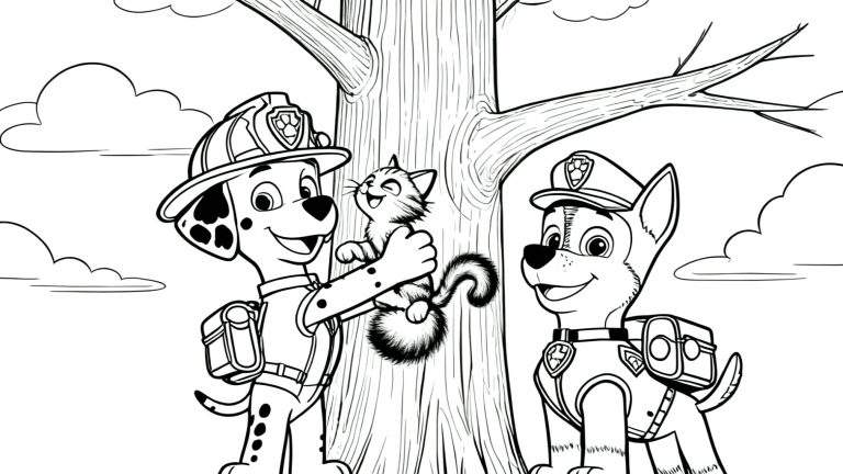 Zwart-wit kleurplaat met Paw Patrol helden Marshall (dalmatiër) en Chase (Duitse herder) die vrolijk spelen met een gestreepte kat bij een grote boom, met wolken in de lucht.