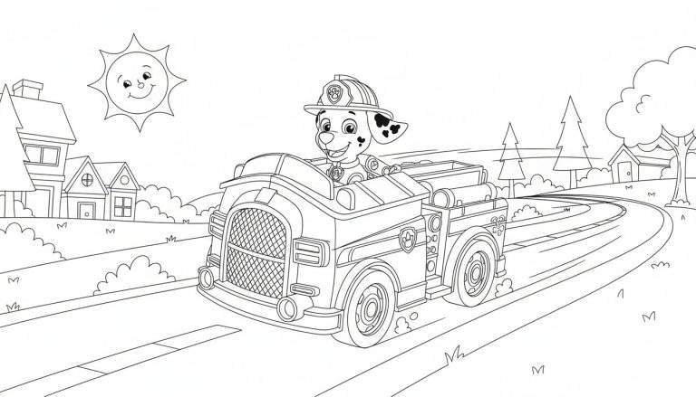 Kleurplaat van Marshall van Paw Patrol in zijn brandweerwagen, rijdend door een landelijk landschap met huizen, bomen en een lachende zon.