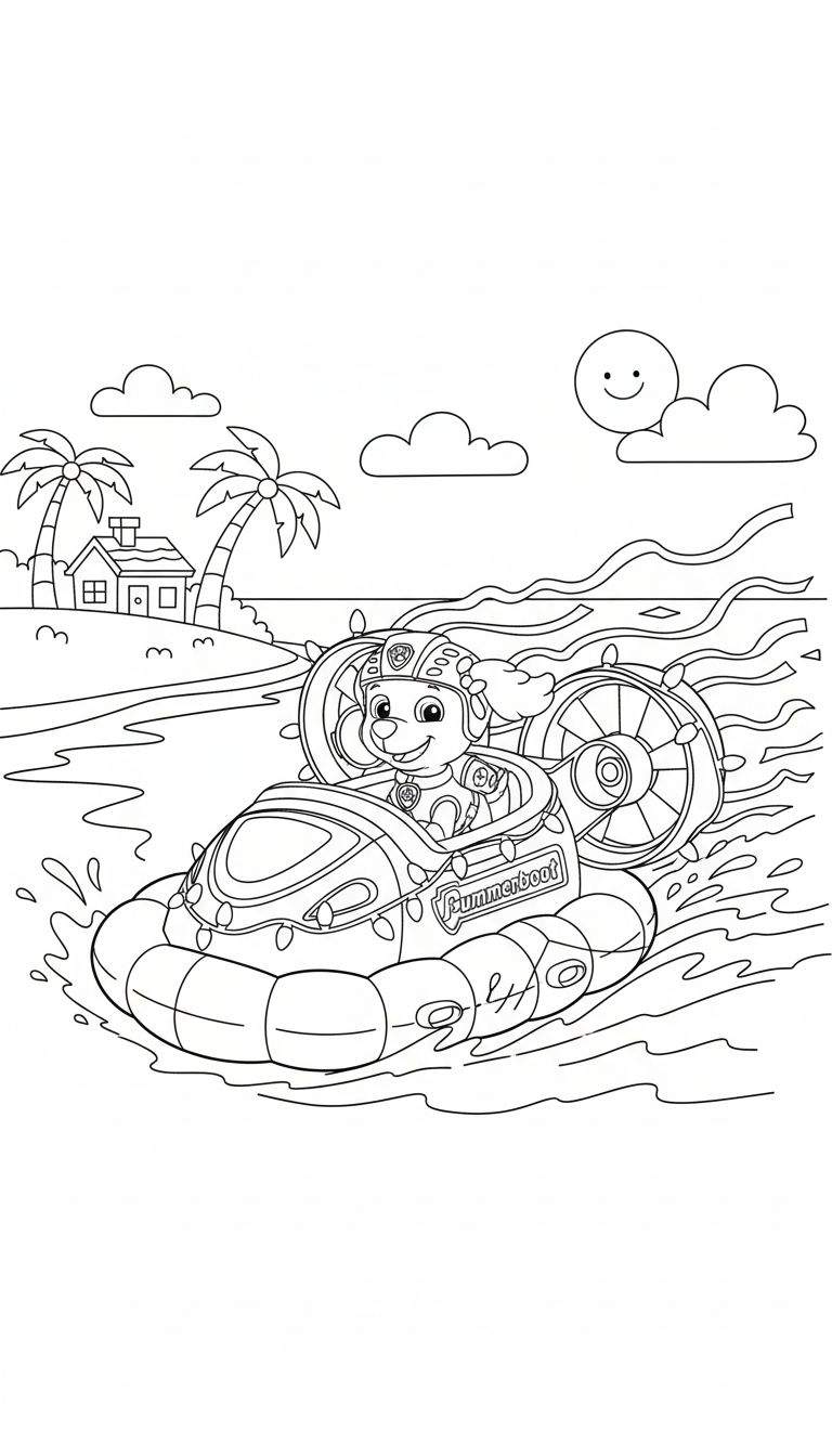 Zwart-wit kleurplaat van Paw Patrol's Zuma in een speedboot/hovercraft genaamd 'Summerboat', scheurend over water met palmbomen, een huisje en een lachende zon op de achtergrond.