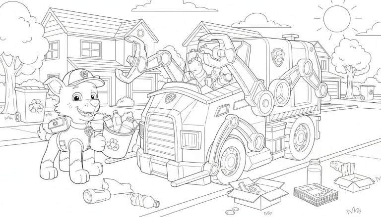 Kleurplaat van Rocky van Paw Patrol met recyclingemmer en truck, die afval sorteert in een woonwijk.