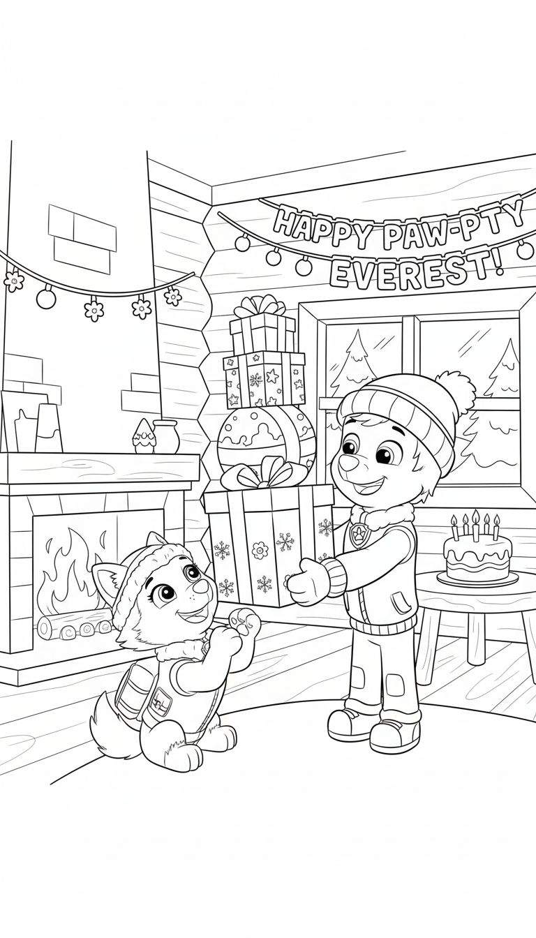 Zwart-wit Paw Patrol kleurplaat van Everest's verjaardag. Een pup geeft Everest een cadeau in een versierde winterse kamer met open haard, taart met kaarsjes, slingers en cadeaus.