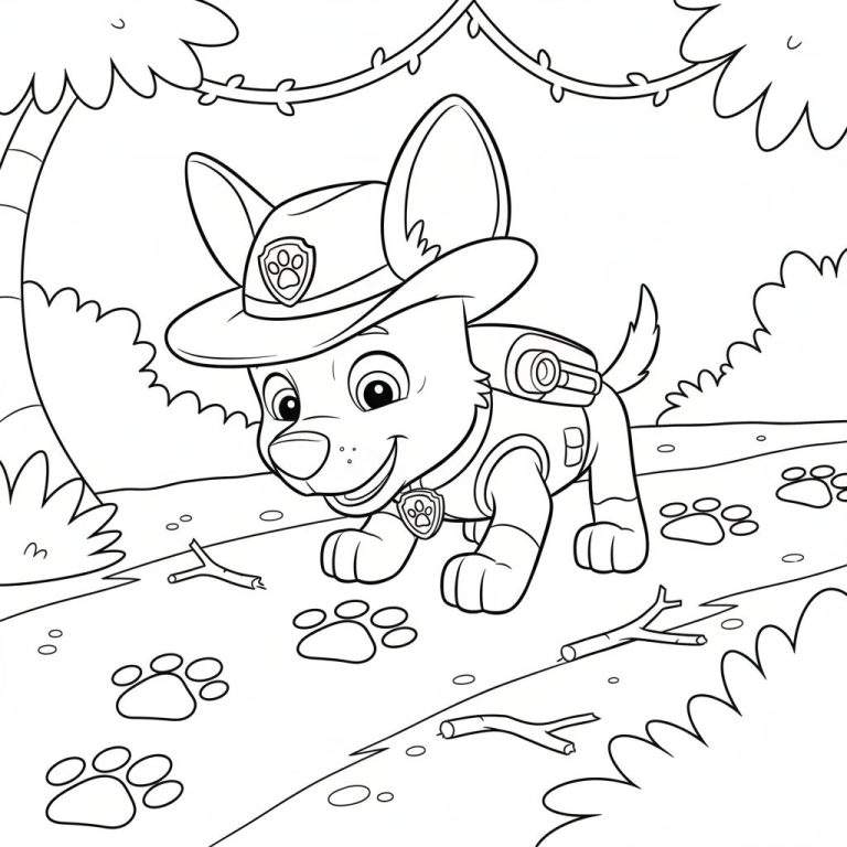 Zwart-wit kleurplaat van de avontuurlijke puppy Tracker met een hoed, rugzak en halsband, lopend op een bospad vol pootafdrukken en takjes, omringd door bosvegetatie.