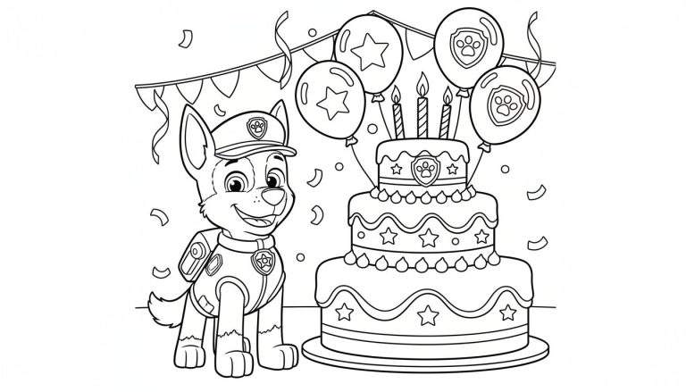 Kleurplaat van Chase van Paw Patrol in politie-outfit, lachend naast een drielaagse verjaardagstaart met kaarsjes, ballonnen, vlaggetjesslinger en confetti.