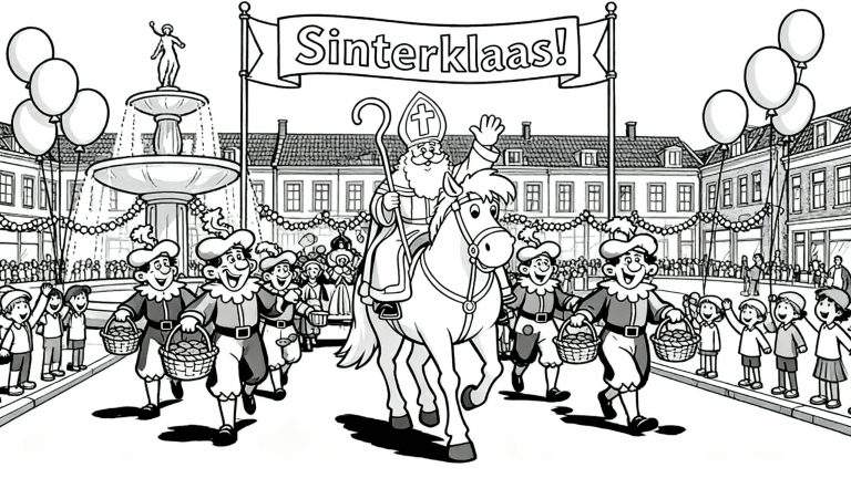 Kleurplaat van een vrolijke Sinterklaasintocht met Sinterklaas op zijn witte paard, omringd door lachende Pieten die snoepgoed uitdelen. Enthousiaste kinderen zwaaien langs de kant van de weg in een feestelijk versierde straat met gebouwen, een spandoek ('Sinterklaas!'), slingers en een fontein.