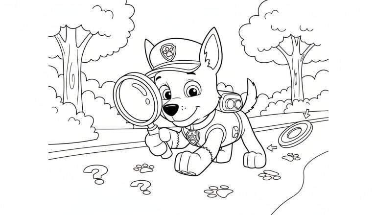 Kleurplaat van Chase van Paw Patrol als detective, met politiepet en rugzak, die met een vergrootglas naar pootafdrukken en vraagtekens op de grond speurt in een natuurlijke, bosrijke omgeving.