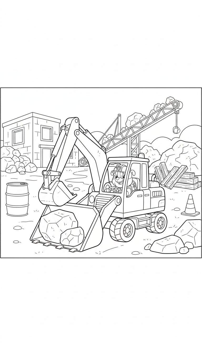 Zwart-witte kleurplaat van Rubble, de Paw Patrol hond, die lachend een wiellader met stenen bestuurt op een drukke bouwplaats.