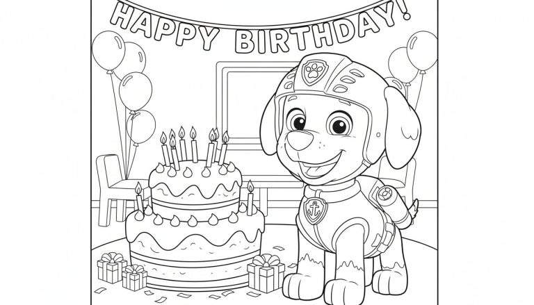 Kleurplaat van lachende Marshall van Paw Patrol in brandweeruniform bij een verjaardagstaart met elf kaarsjes, cadeautjes en ballonnen.