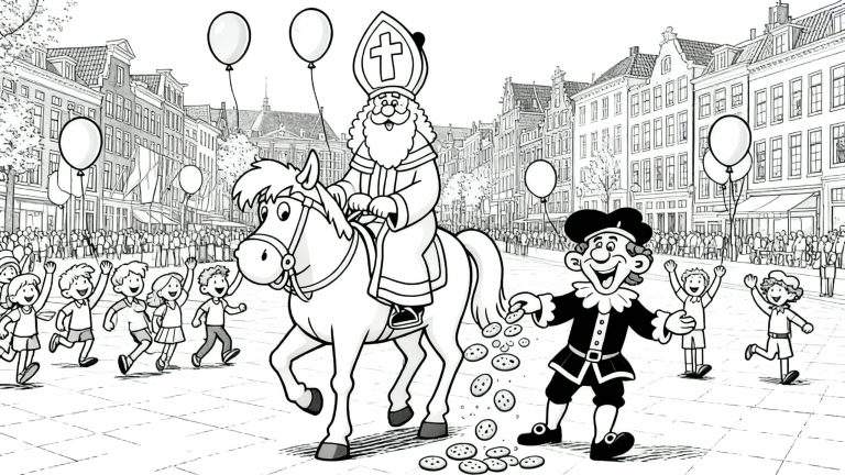 Kleurplaat van de Sinterklaas intocht: Sinterklaas op zijn schimmel met Zwarte Piet die pepernoten strooit, omringd door vrolijke kinderen en een menigte langs traditionele Nederlandse grachtenpanden onder ballonnen.