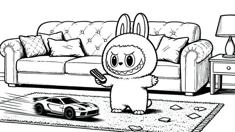 Kleurplaat van Labubu, een konijn-achtig figuur met boze blik en scherpe tanden, zittend op een vloerkleed. Hij houdt een afstandsbediening vast en bestuurt een sportauto die snel beweegt over hetzelfde vloerkleed. Op de achtergrond staat een klassieke bank en bijzettafel met lamp.