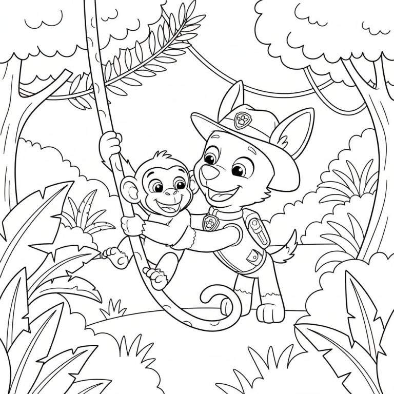 Kleurplaat van Paw Patrol's Tracker in safari-uniform met vrolijke glimlach, die een lachend aapje omarmt dat aan een liaan hangt. Achtergrond toont een weelderige jungle met bladeren en boomstammen.