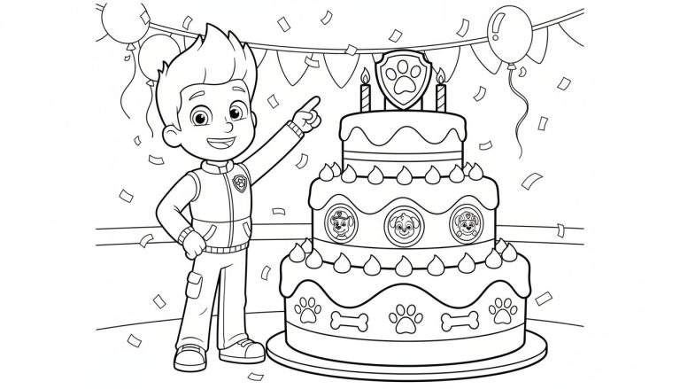 Kleurplaat van Ryder van Paw Patrol op een verjaardagsfeestje met een grote drielaagse taart, Paw Patrol pups, ballonnen en confetti.