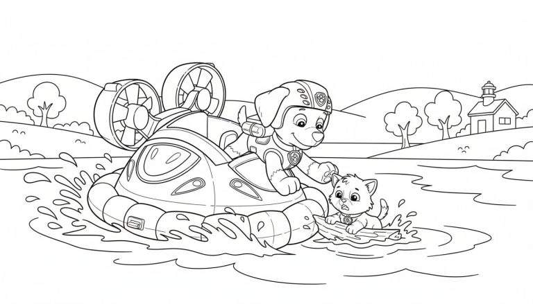 Kleurplaat van Zuma van Paw Patrol in een hovercraft die een geschrokken katje op een boomstam uit het water redt, met een heuvellandschap en een huisje met torentje (vuurtoren) op de achtergrond.
