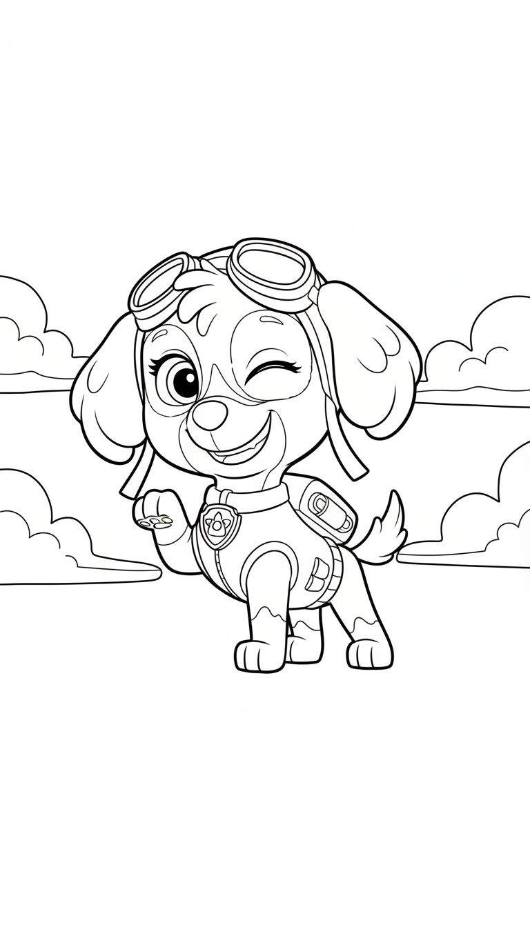 Zwart-wit kleurplaat van Skye uit Paw Patrol, een vrolijke puppy met pilotenbril op haar hoofd, knipogend en lachend, met opgestoken poot en wolken op de achtergrond.