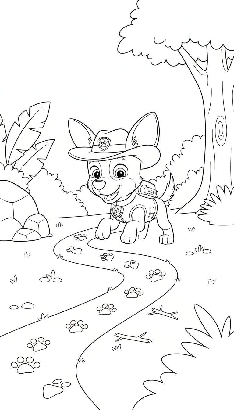 Kleurplaat van Paw Patrol karakter Tracker, een lachend hondje, dat op een pad met pootafdrukken in een jungle-achtige omgeving loopt, omringd door grote planten, rotsen en een boom.