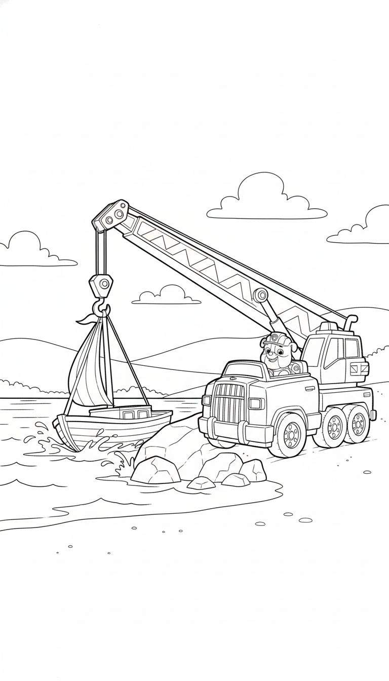 Zwart-wit lijntekening van Rubble van Paw Patrol in een kraanwagen die een zeilboot uit het water tilt. Er spettert water rond de boot. De kraanwagen staat op een oever met rotsen. Op de achtergrond zijn heuvels en wolken te zien.