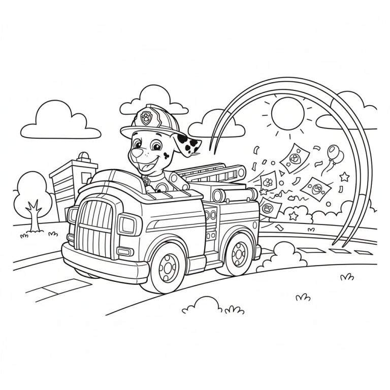 Kleurplaat van Marshall van Paw Patrol, een vrolijke brandweerhond met stippen en helm, rijdend in zijn brandweerwagen. Op de achtergrond een gebouw, boom, wolken en een boog waaruit sterren en ballonnen vallen.