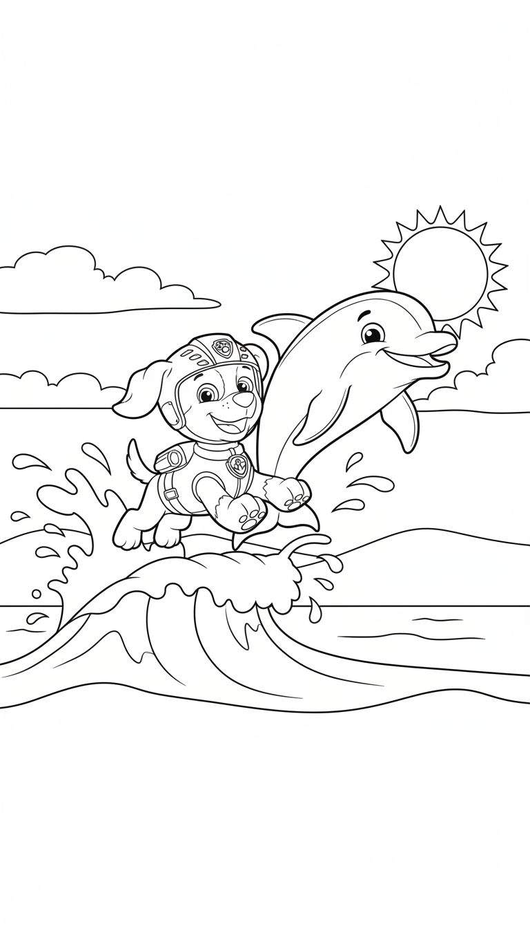 Kleurplaat van Zuma van Paw Patrol met helm en reddingsvest, springend uit een golf samen met een lachende dolfijn. Zonnige dag op zee met wolken en zon.