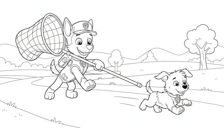 Kleurplaat van Paw Patrol's Chase, lachend rennend met een vangnet, en een blije puppy op een open veld met heuvels en bomen op de achtergrond.