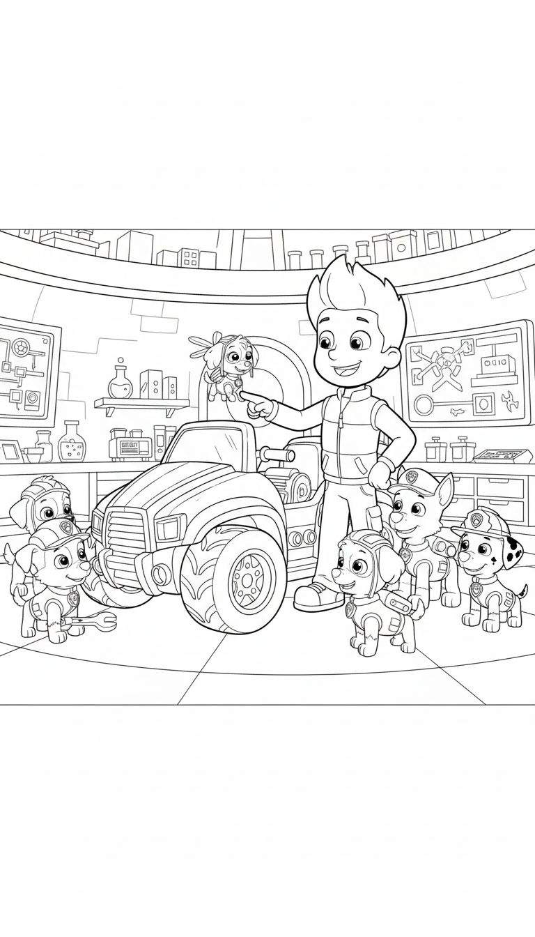 Zwart-wit Paw Patrol kleurplaat van Ryder die Skye vasthoudt, omringd door Rubble bij een voertuig, Chase, Marshall en Zuma in een werkplaats.