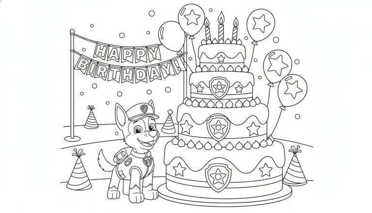 Kleurplaat van Chase van Paw Patrol die een verjaardagsfeestje viert met een grote vierlaagse taart, ballonnen en een 'HAPPY BIRTHDAY!' slinger.