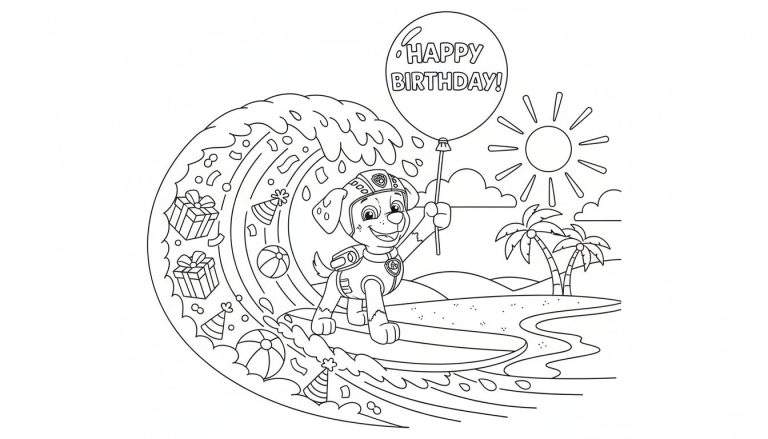 Kleurplaat van Rubble van Paw Patrol, lachend surfend op een feestelijke golf vol cadeaus en confetti, terwijl hij een 'HAPPY BIRTHDAY!' ballon vasthoudt. Op de achtergrond een tropisch strand met palmbomen, zon en heuvels.