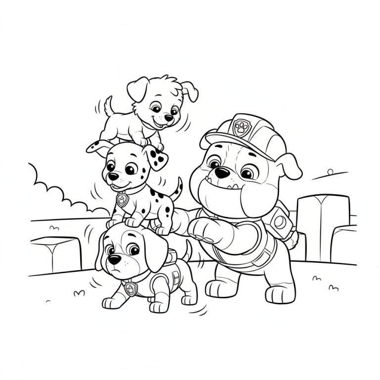 Paw Patrol kleurplaat van een puppy piramide met Rubble als basis, Marshall in het midden van de linker stapel, en andere puppy's erop, stralend van teamwork en plezier.
