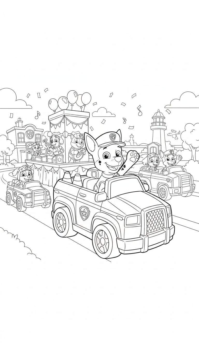 Kleurplaat van Paw Patrol parade. Chase rijdt in zijn politievoertuig en zwaait. Achter hem een andere pup, waarschijnlijk Skye. Marshall en Rocky spelen muziek op een versierd podium met drums en een gitaar-achtig instrument. Op de achtergrond staan gebouwen en een vuurtoren. Confetti en muzieknoten vliegen door de lucht. Vrolijke, feestelijke sfeer.