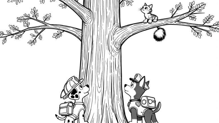 Paw Patrol kleurplaat met Marshall en Chase die omhoog kijken naar een kat in een boom.