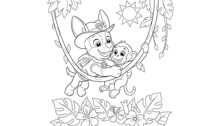 Kleurplaat van Tracker de hond en een aapje lachend hangend aan een liaan in de jungle, met zon en tropische planten.