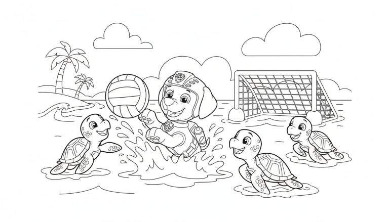 Kleurplaat van een hond in pak en helm die spettert met een volleybal in het water, omringd door vier lachende schildpadjes. Op de achtergrond een strandje met palmbomen en een waterpolodoel, onder twee wolken. Speelse zomerse scène.