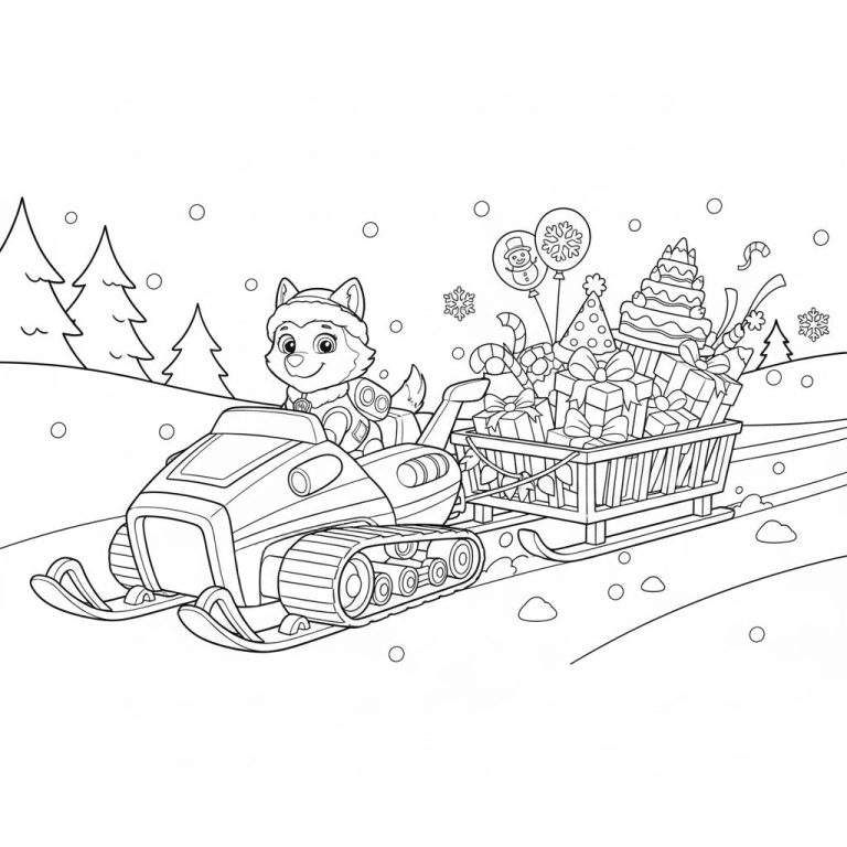 Kleurplaat van vrolijk hondje Everest in sneeuwscooter, trekt slee vol cadeaus, taart, zuurstokken, ballonnen en feestmuts door winters landschap met sneeuwvlokken.