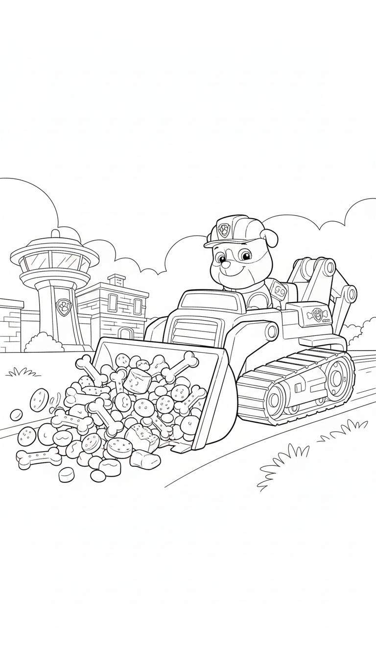 Kleurplaat van Rubble van Paw Patrol in zijn graafmachine met schep vol hondenbotten en hondenkoekjes, Paw Patrol uitkijktoren op de achtergrond.