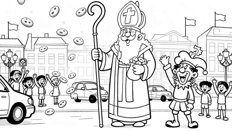 Zwart-wit kleurplaat van de Sinterklaasintocht: Sinterklaas met staf en zak pepernoten, Zwarte Piet, blije kinderen, vallende pepernoten en een stadsgezicht op de achtergrond.