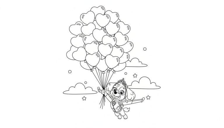Zwart-wit tekening van Skye van Paw Patrol die vrolijk in de lucht vliegt met een kroon en vleugels, terwijl ze een tros van meer dan twintig hartvormige ballonnen vasthoudt. Wolken en sterren omringen haar.