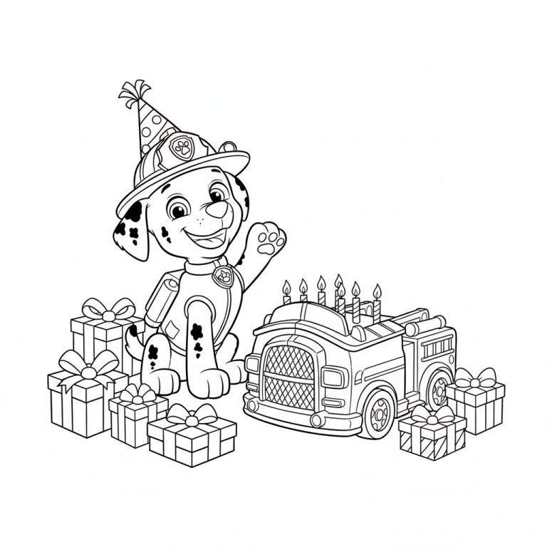 Zwart-wit kleurplaat van Marshall van Paw Patrol. Hij draagt een brandweerhelm met feestmuts, lacht en zwaait. Om hem heen liggen cadeaus en een versierde brandweerauto met kaarsjes, wat de sfeer van een verjaardagsfeestje uitstraalt.