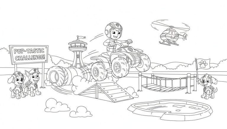 Zwart-wit Paw Patrol kleurplaat met Ryder op zijn quad die een schans oprijdt tijdens een 'Pup-tastische Uitdaging' hindernisbaan. Links juichen twee pups, rechts zwaait een pup met een vlag. Een helikopter vliegt boven en de Paw Patrol Toren is in de verte zichtbaar.