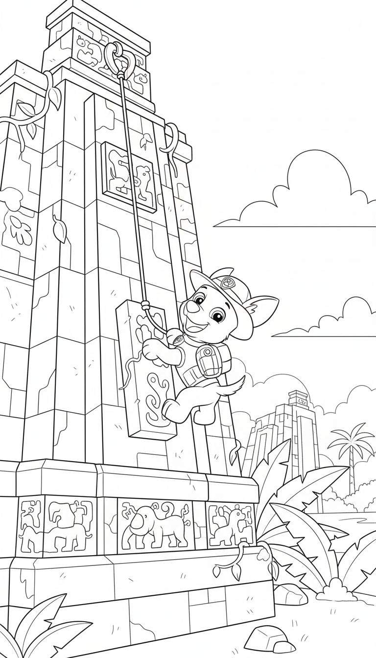 Zwart-wit kleurplaat van de avontuurlijke pup Tracker met safarihoed en rugzak, die met een touw en grijphaak langs een oude, gedetailleerde stenen tempel vol dierenreliëfs afdaalt. Omringd door jungleplanten, palmbomen, rotsen en grote bladeren.