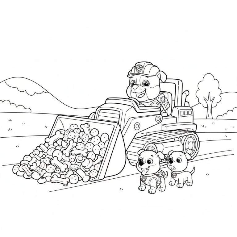 Kleurplaat van Rubble, een vrolijke pup met bouwhelm, die in een gele graafmachine zit die overvol is met hondenbotten en ronde hondensnacks. Naast de machine staan twee kleinere, enthousiaste pups toe te kijken in een landschap met heuvels en een boom.