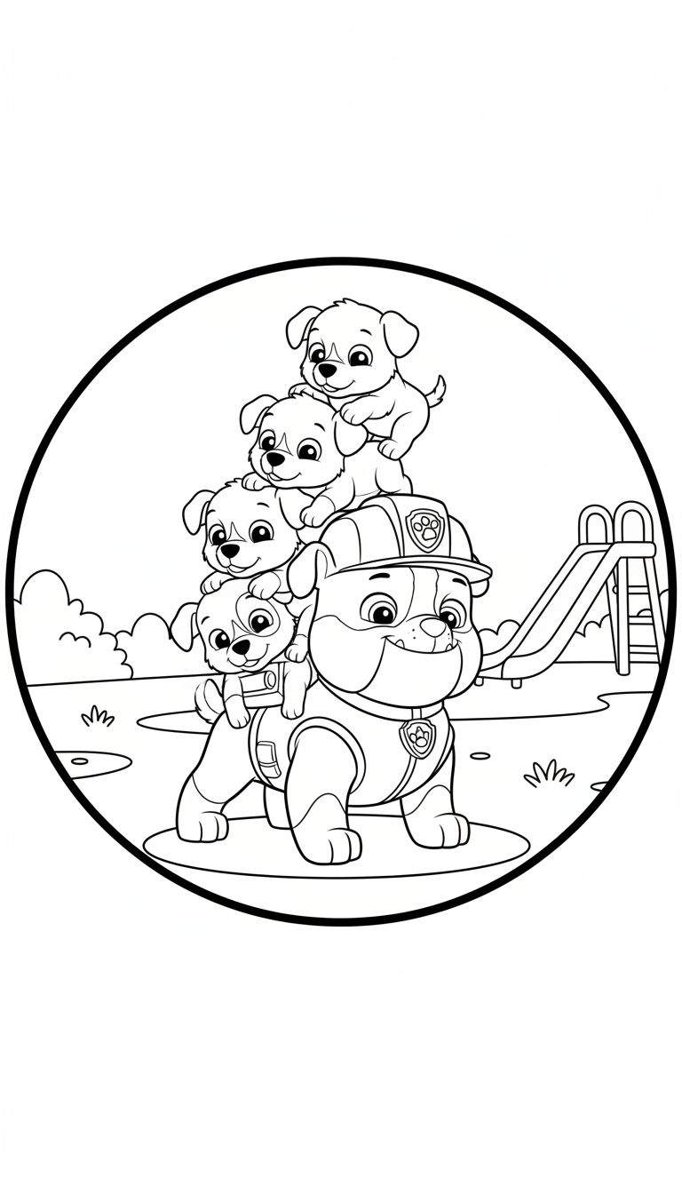 Zwart-wit lijntekening van Rubble van Paw Patrol, een bulldog met bouwhelm, waarop vier kleinere vrolijke puppy's zijn gestapeld. De scène speelt zich af in een park met een glijbaan op de achtergrond en is omrand door een zwarte cirkel.
