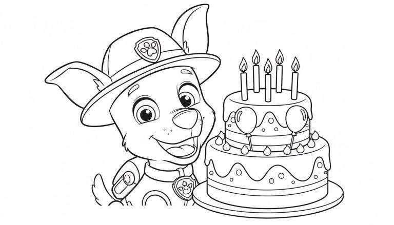 Zwart-wit kleurplaat van Paw Patrol pup Tracker met een feestelijke tweelagentaart, vijf brandende kaarsen, ballonnen en glazuurdruppels. Tracker kijkt blij naar de taart.