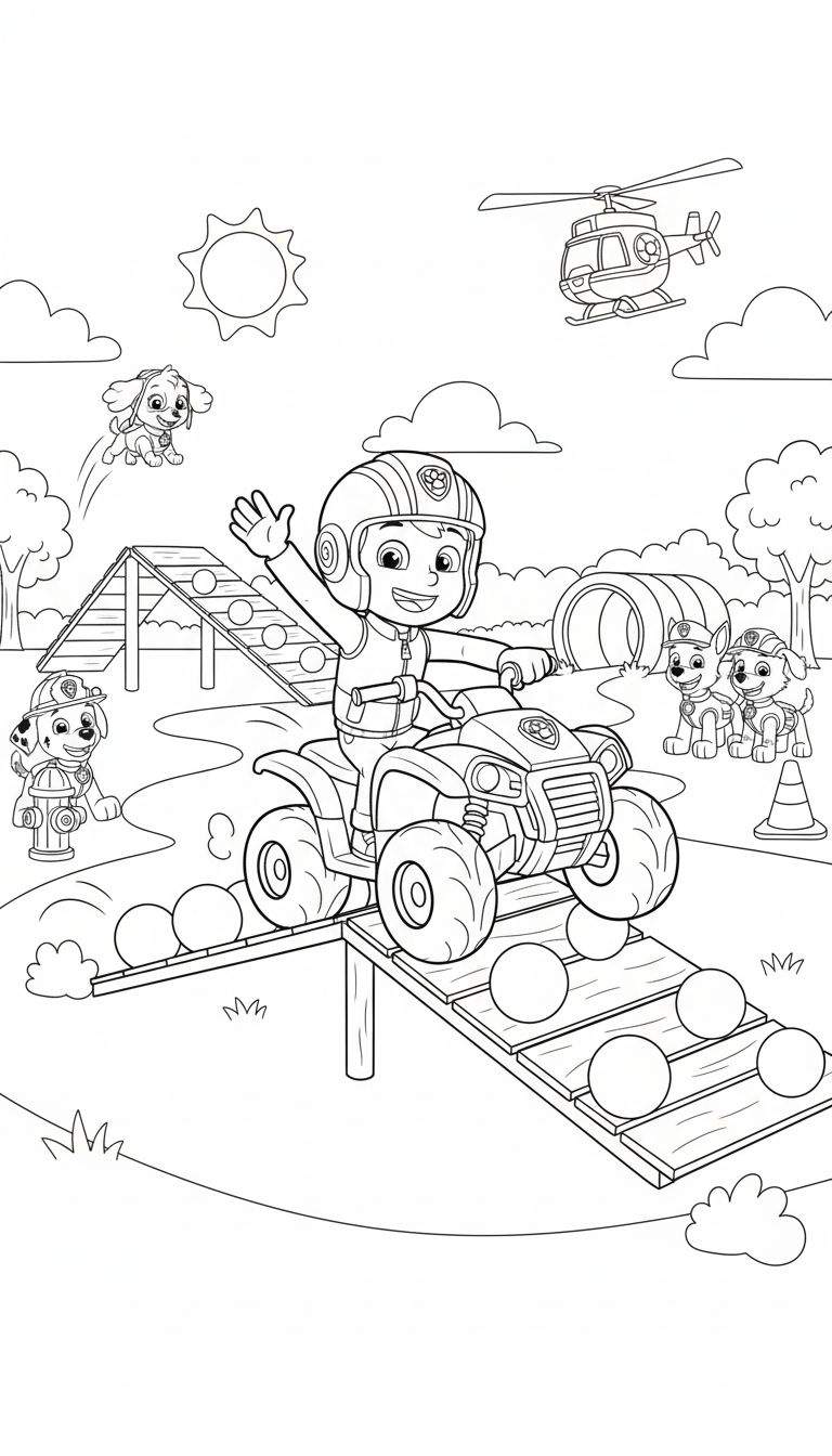 Kleurplaat van Paw Patrol met Ryder op een quad op een houten brug, Skye in de lucht, Marshall bij een brandkraan, en Chase en Rocky bij een kegel en tunnel, tegen een achtergrond van bomen en wolken.