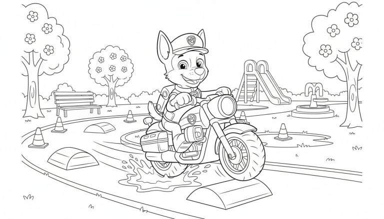 Kleurplaat van Paw Patrol's Chase op zijn motorfiets, rijdend door plassen en een kegelparcours in een park met bomen, een bankje, een glijbaan en een fontein.