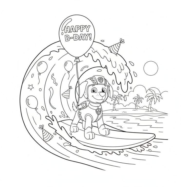 Zwart-wit kleurplaat van Paw Patrol's Zuma op een surfplank, rijdend op een grote golf versierd met feestmutsjes en slingers. Boven hem een 'HAPPY B-DAY!' ballon. Op de achtergrond een tropisch eiland met palmbomen en de zon.