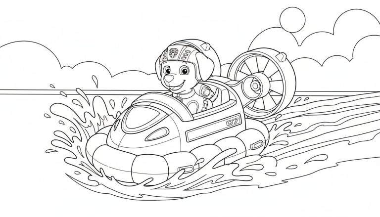 Zwart-wit kleurplaat van lachende Paw Patrol pup Zuma in zijn hovercraft met duikhelm, nummer '07', opspattend water, wolken en zon.
