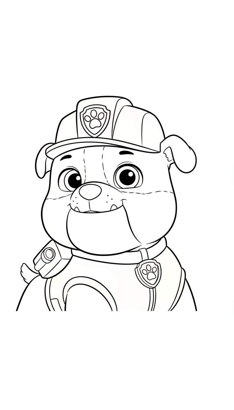 Zwart-wit lijntekening van Rubble van Paw Patrol, een lachende cartoonbulldog met bouwhelm, halsband en uniformdetails. Ideaal als kleurplaat.
