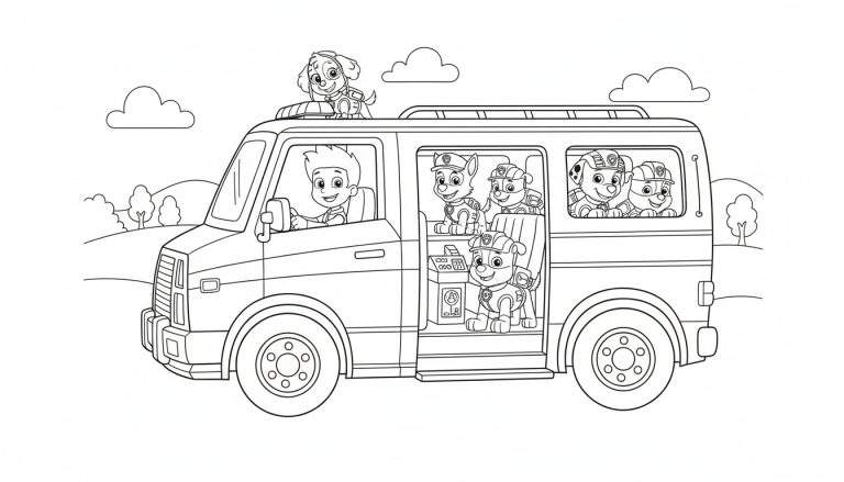 Zwart-wit kleurplaat van Ryder die een busje bestuurt, met pups Chase, Marshall, Rubble en Zuma binnenin, en Skye op het dak, rijdend door een landschap met bomen en wolken.