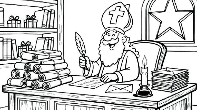 Zwart-wit kleurplaat van Sinterklaas in zijn studeerkamer, zittend aan een houten bureau. Hij schrijft met een veer, omringd door brieven, een brandende kaars en een boekenkast met cadeautjes. Hij draagt zijn mijter en lacht.