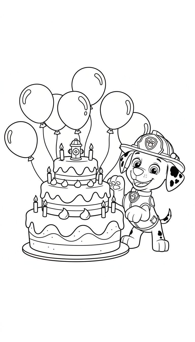 Zwart-wit kleurplaat van Marshall van Paw Patrol in brandweeruniform, lachend naast een drielaagse verjaardagstaart met kaarsjes, een brandkraan en ballonnen.