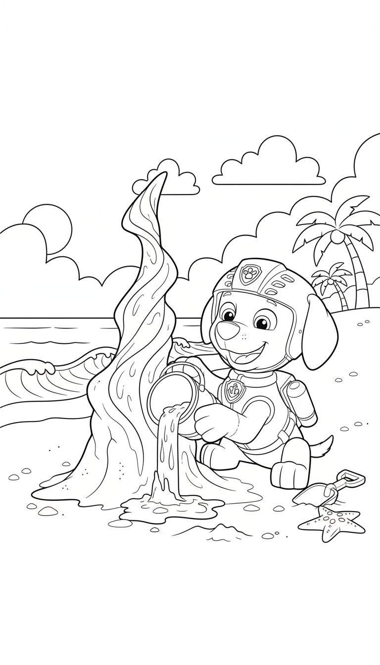 Zwart-witte kleurplaat van Rubble van Paw Patrol. Rubble zit lachend op een strand en bouwt een zandkasteel of zandsculptuur, waarbij hij nat zand uit een emmer giet. Hij draagt zijn helm en uniform. Op de achtergrond is de zee met golven, wolken, een gedeeltelijke zon en palmbomen te zien. Naast Rubble liggen een schepje en een zeester.